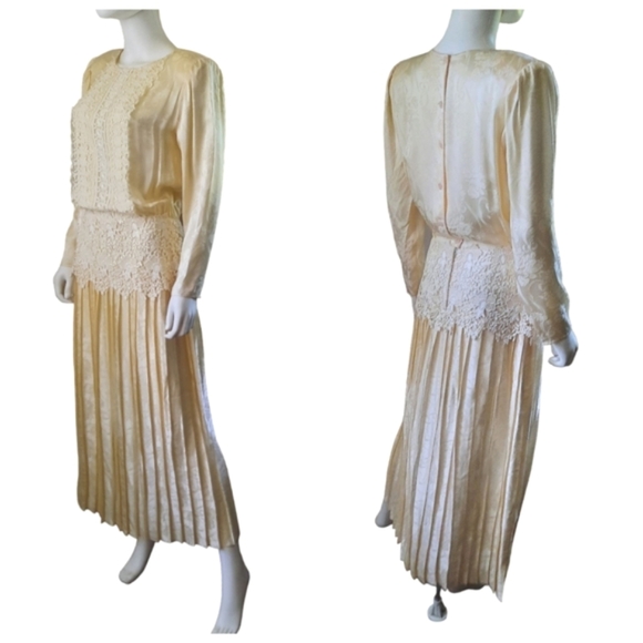 JESSICA MCCLINTOCK Lace Trimmed Silk Jacquard Pleated Maxi Dress Sz 10 Cream - Picture 2 of 13